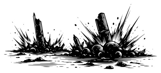Dramatic Explosion and Splash with Debris Set, Vintage Engraving Style Vector Illustration of Impact and Energy © JakubVectorSketch