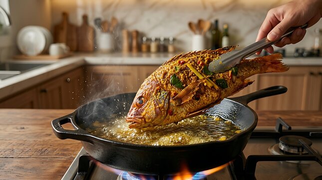 Fresh Fish Being Dipped into Hot Cooking Oil