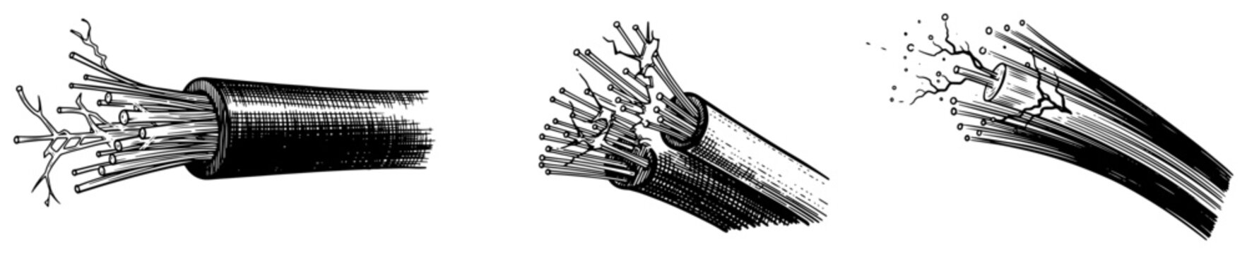 Fiber Optic Cable and Electrical Wire Set, Frayed and Broken Technical Connection Wires, Vintage Engraving Style Vector