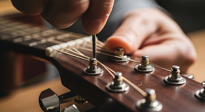 Guitar tuning headstock hand close-up, instrument repair concept.