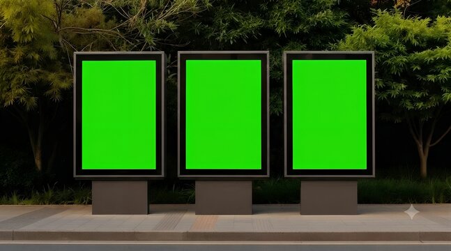 three vertical billboard mockups with green screen displays on city street sidewalk