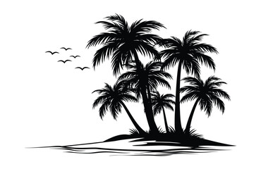 Fototapeta premium Palm vector silhouette group island landscape birds flying