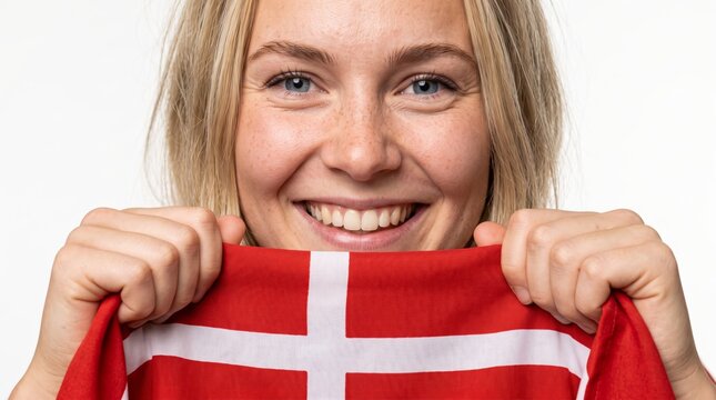 Smiling blonde woman holding Danish flag on white background