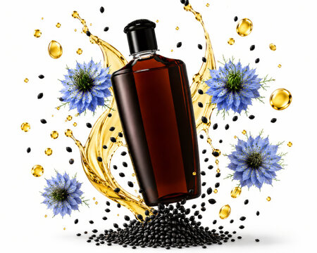 Black Seed Oil Bottle In Golden Splash