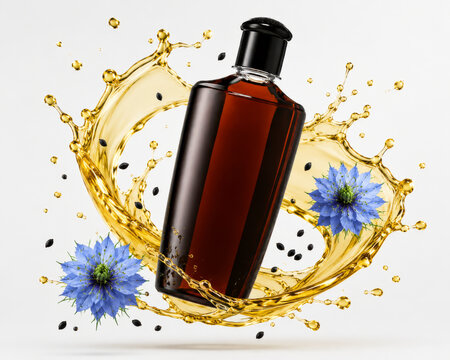 Black Seed Oil Bottle With Golden Oil Splash