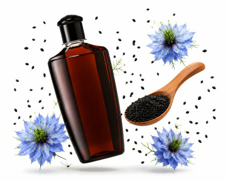 Black Seed Oil Bottle With Scattered Seeds