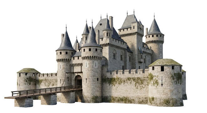 Minimal black silhouette icon, simple flat vector, bold black shape, no gradients, no shading medieval castle with stone towers and drawbridge on a, flat icon style