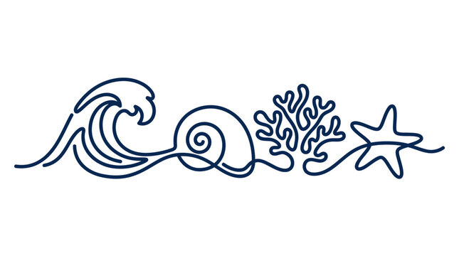 Ocean Wave, Seashell, Coral, Starfish Line Art Border - Blue