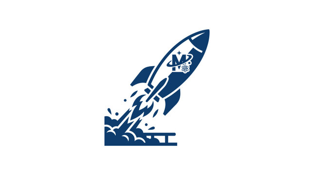 Blue rocket launching from launchpad, space exploration, futuristic technology, vector illustration
