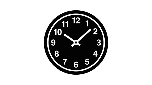 Black analog clock face with white numbers and hands on a white background, time concept