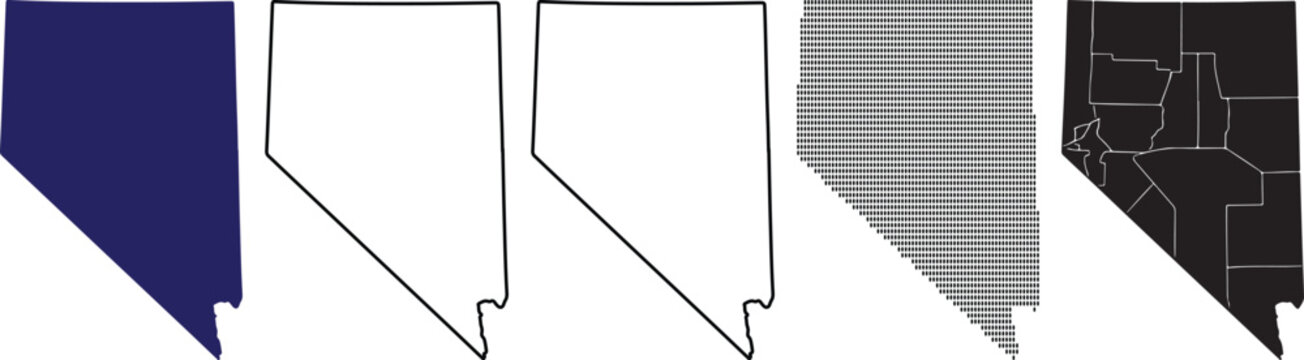 Nevada state map in different styles on white background  outline dot pattern and solid color variations