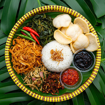 Traditional indonesian food : nasi rames platter with rice and spicy sides, indonesian