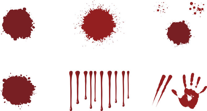 Red Blood Splatter and Handprint Vector Set with Splashes, Stains, Drips, Clots, and Scratch Marks for Halloween Crime Scenes and Horror Media