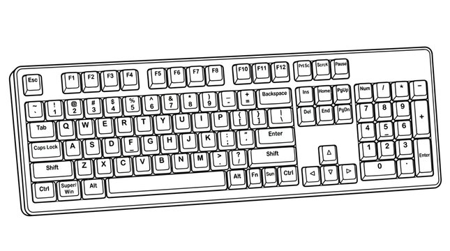 Hand-drawn sketch of a computer keyboard on a white background, digital art, line drawing