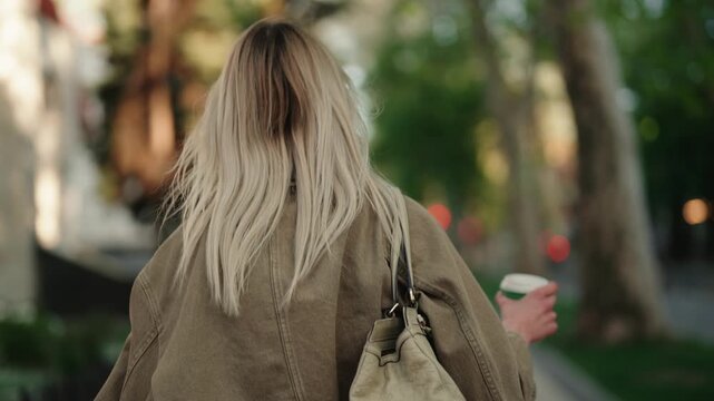 Back view of an unrecognizable young woman with blonde hair walking through a city park in slow motion while carrying a cup of takeaway coffee and enjoying a peaceful morning stroll