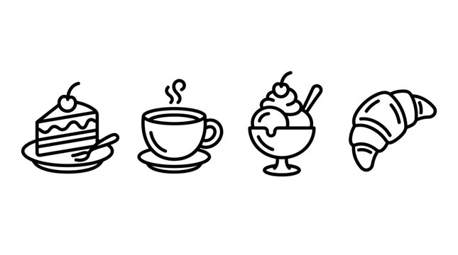 Dessert Icons: Cake, Coffee, Ice Cream, Croissant - Simple Line Art