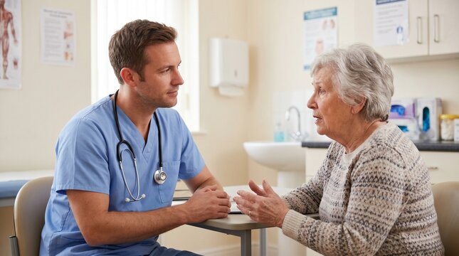 Doctor Listening Empathetically To Elderly Patient, Basic Clinic Consultation, Medical Support, Doctor Patient Interaction, Public Health Service, Compassionate Care.