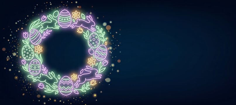 Pastel Neon Easter Wreath Circle Frame with Eggs and Bunny on Dark Background, Copy Space