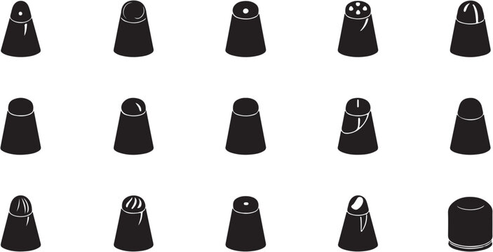Collection of black thimble icons on white background.