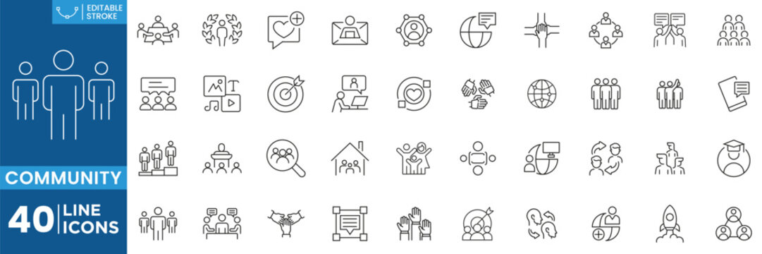 Community Line Icons Set with Teamwork, Social Network, People Group, Collaboration, Connection, Volunteer, Diversity, Organization, Communication and Editable Stroke Vector Collection