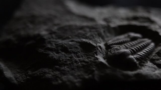 Trilobite fossil close up on black background. Macro video. Rotating, spinning motion. Slow movement