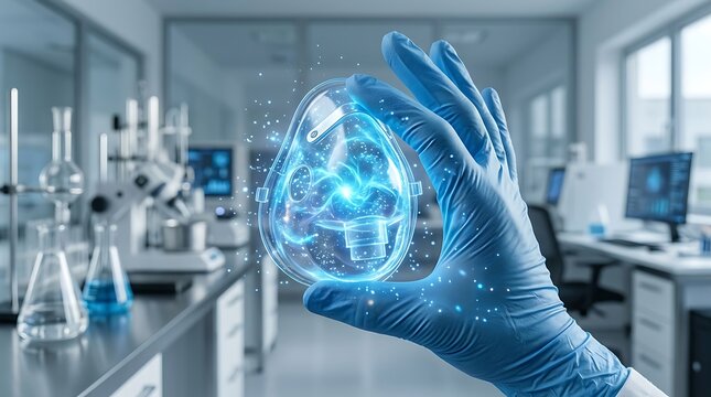 Blue gloved hand holding transparent oxygen mask with glowing digital light particles floating inside medical laboratory.