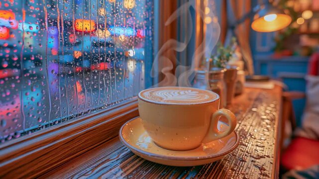 A steaming cup of hot latte by a cozy caf&eacute; window with raindrops on the glass, overlooking a twilight street. Warm ambiance, peaceful mood, and inviting urban caf&eacute; atmosphere.