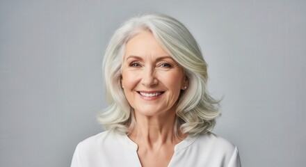 Fototapeta premium Elegant senior woman with white hair smiling confidently in a clean studio portrait against a neutral grey background.