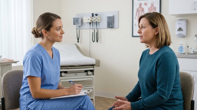 Nurse Consulting With Patient, Basic Clinic Consultation, Medical Communication, Healthcare Education, Nurse Patient Interaction, Public Health Service.
