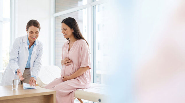 Doctor providing advice to pregnant woman on staying cool during summer heat