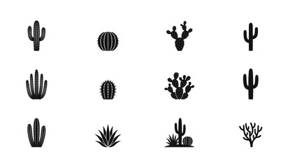 Fototapeta premium Varied collection of black cactus silhouettes featuring different succulent shapes round prickly plants blooming desert flora and western vegetation isolated on clear white background design elements.