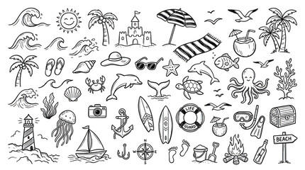 Fototapeta premium Hand drawn beach and summer vacation elements isolated on transparent background