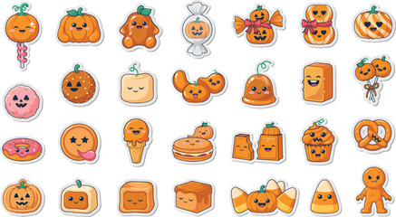 Fototapeta premium Cute halloween food icons with pumpkin faces