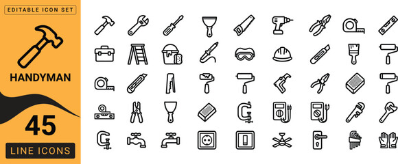Naklejka premium Handyman tools icon set 45 line icons for construction repair and home improvement