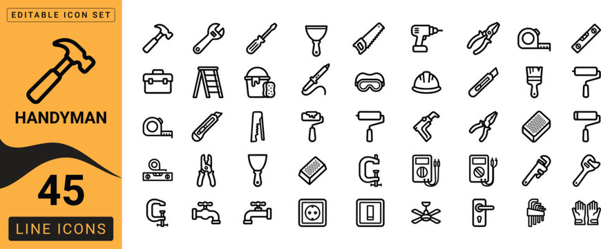 Handyman tools icon set 45 line icons for construction repair and home improvement