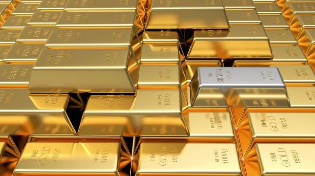 Silver bullion bar glides across stacked gold bars with reflective metallic surfaces in a luxury precious metals scene, 3D render