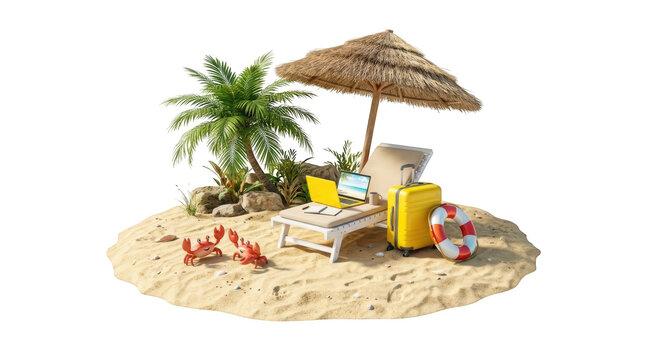 A 3d rendering of a tropical beach island scene with a lounge chair, yellow suitcase, laptop, and two crabs isolated on transparent background
