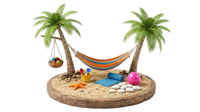 3d illustration of a miniature tropical island with palm trees, a hammock, beach toys, a starfish, and a beach towel isolated on transparent background
