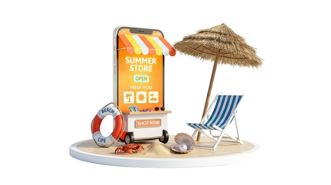 3d illustration of a mobile phone transformed into a summer beach store with a beach chair, umbrella, and lifebuoy isolated on transparent background