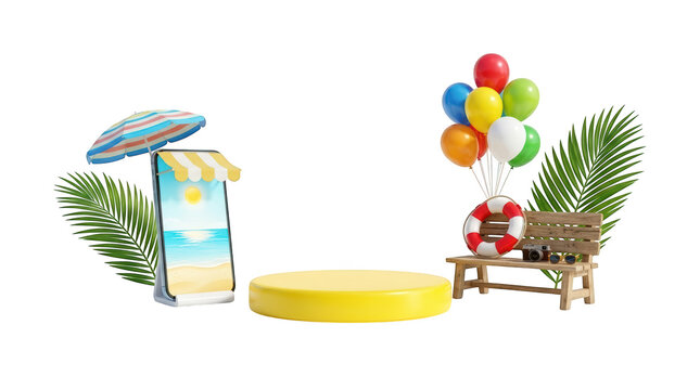 3d summer vacation display podium with smartphone, beach umbrella, balloons, and wooden bench isolated on transparent background