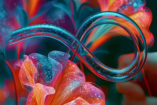Abstract Neon Floral Infinity Loop with Water Droplets