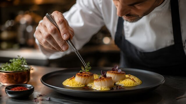 Professional chef garnishing a gourmet seared scallop dish with tweezers in a fine dining restaurant kitchen