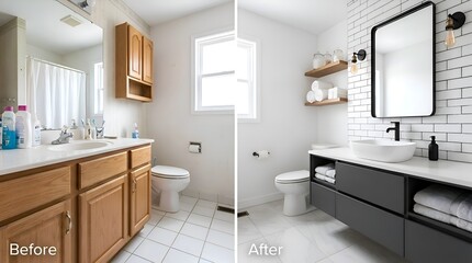 Fototapeta premium Bathroom Renovation Before and After: Modern Makeover with White Subway Tile