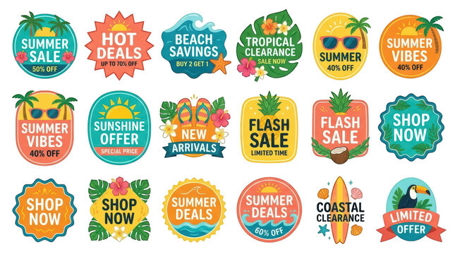 Set of summer sale badges and stickers with tropical elements, beach items, and seasonal discount offers isolated on transparent background