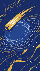 Fototapeta premium Stylized celestial background with planet comet and orbital rings