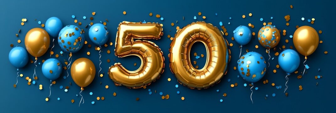 Golden 50th Birthday Celebration Balloon with Blue Confetti and Festive Anniversary Party Decor