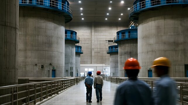 A wide shot captures the interior of a massive hydroelectric dam facility emphasizing the scale and peaceful mood of industrial work