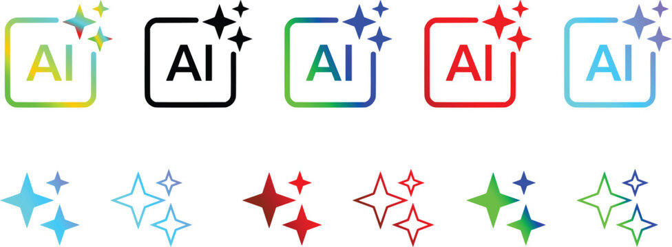 Artificial intelligence AI icons set, modern sparkling magic stars and tech symbols, colorful digital assistant logo collection in EPS format