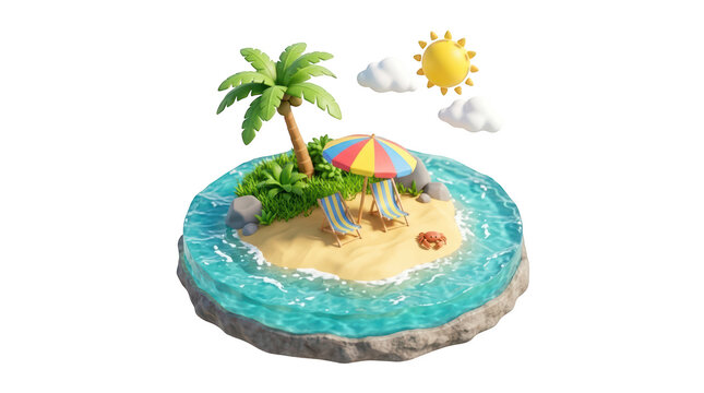 3d illustration of a small tropical island with a palm tree, beach chairs, umbrella, and a crab, isolated on transparent background