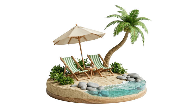 A miniature 3d island diorama featuring two beach chairs, a palm tree, and a beach umbrella isolated on transparent background